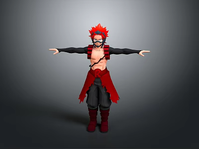 3D Character With Red Spiky Hair Black Long Sleeves Red Vest Black Pants And Boots 3d model