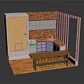 Kitchen Interior Design With Orange Door Brick Wall Gray Cabinets Island Stools And Orange Floor
