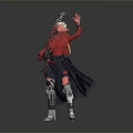 Dynamic Fantasy Character In Red Outfit With White Hair And Black Cape Holding Weapon