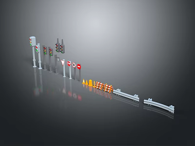 Various Traffic Signs Traffic Lights And Road Guardrails Safety Equipment 3d model