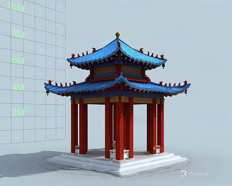 Ancient Chinese Traditional Pavilion With Blue Roof And Red Pillars Structure 3d model 