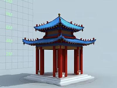 Ancient Chinese Traditional Pavilion With Blue Roof And Red Pillars Structure 3d model