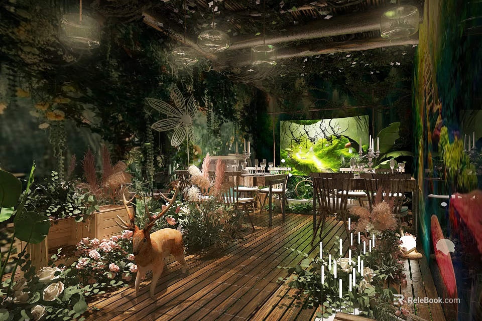 Natural Themed Restaurant Interior With Green Wall Plants Deer Statue And Wooden Floor 3d model 