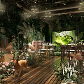 Natural Themed Restaurant Interior With Green Wall Plants Deer Statue And Wooden Floor
