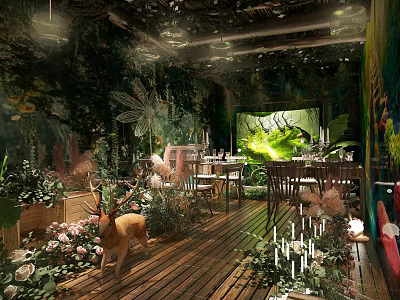 Natural Themed Restaurant Interior With Green Wall Plants Deer Statue And Wooden Floor 3d model