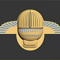 Golden Decorative Emblem With Blue Wings And Engraved Details On Shiny Surface