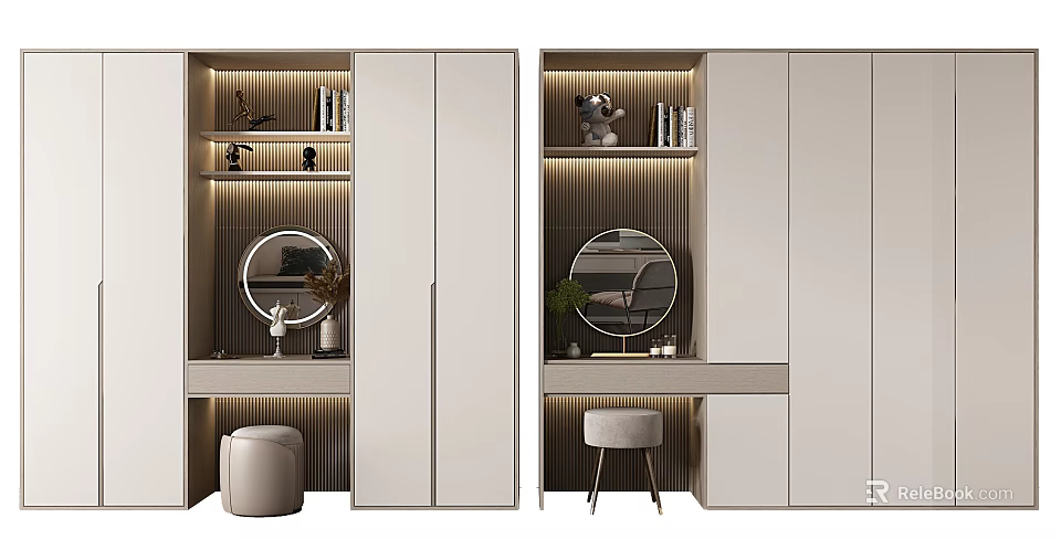 Modern Wardrobe Design With Mirror Bookshelf Lighting And Stool Decor 3d model