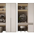 Modern Wardrobe Design With Mirror Bookshelf Lighting And Stool Decor 3d model