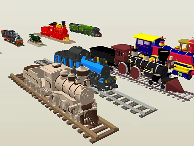 Colorful Vintage Train Models Collection With Steam Locomotive And Rail Tracks 3d model