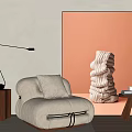 Cozy Beige Single Sofa With Orange Wall Art Floor Lamp And Wooden Side Table