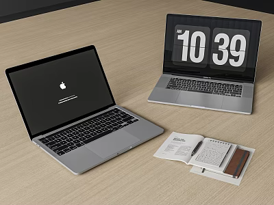 Two Laptops On Wooden Desk With Apple Logo Digital Clock And Notebook Pen 3d model