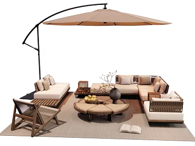 Outdoor Sofa Lounge With Curved Patio Umbrella Round Coffee Table Wooden Chairs And Rug 3d model