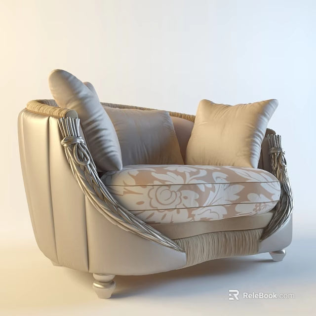 Elegant Luxurious Single Seater Sofa In Beige Velvet Fabric With Floral Pattern And Decorative Pillows 3d model 