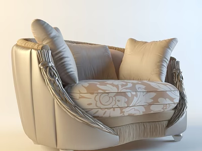 Elegant Luxurious Single Seater Sofa In Beige Velvet Fabric With Floral Pattern And Decorative Pillows 3d model