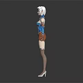 3D Female Character With White Short Hair Mechanical Arms Blue White Outfit And Brown Shorts