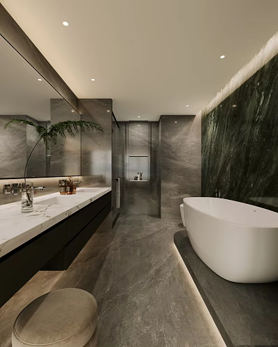 Modern Bathroom Interior With Marble Walls Double Vanity White Countertop And Freestanding Bathtub 3d model