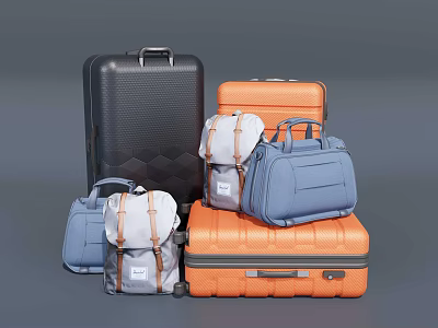 Assorted Luggage Collection Featuring Black Orange Blue Gray Suitcases Backpacks And Handbags 3d model