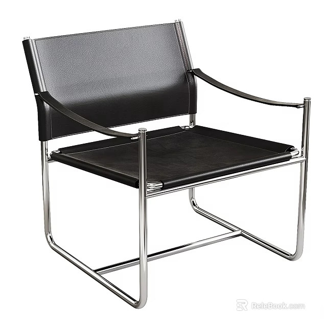 Modern Black Leather Leisure Chair With Chrome Metal Frame And Armrests 3d model 