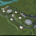 Tensile Membrane Structures in Park Landscape with Water Area Green Trees and Circular Buildings
