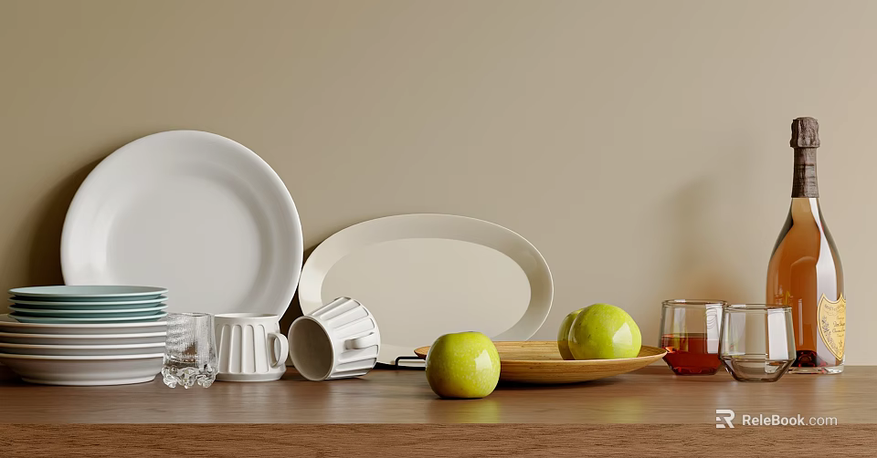 White Dinnerware Set With Plates Oval Platter Mugs Green Apples Wooden Tray And Glass Cups 3d model 