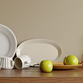White Dinnerware Set With Plates Oval Platter Mugs Green Apples Wooden Tray And Glass Cups