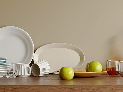 White Dinnerware Set With Plates Oval Platter Mugs Green Apples Wooden Tray And Glass Cups 3d model