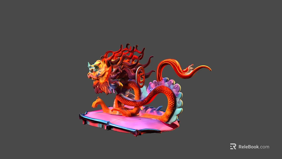 Colorful Dragon Sculpture With Vibrant Red Orange Mane And Long Tail On Pink Base 3d model 