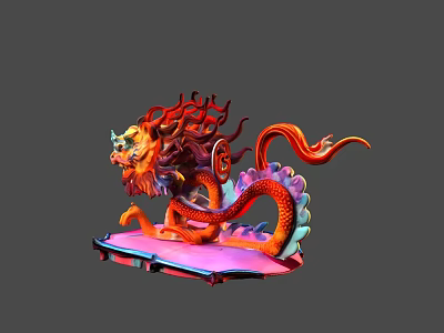 Colorful Dragon Sculpture With Vibrant Red Orange Mane And Long Tail On Pink Base 3d model