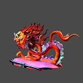 Colorful Dragon Sculpture With Vibrant Red Orange Mane And Long Tail On Pink Base