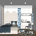 Modern Kids Room Interior Design With Bed Pillows Desk Chair Bookshelf And Geometric Wall Patterns