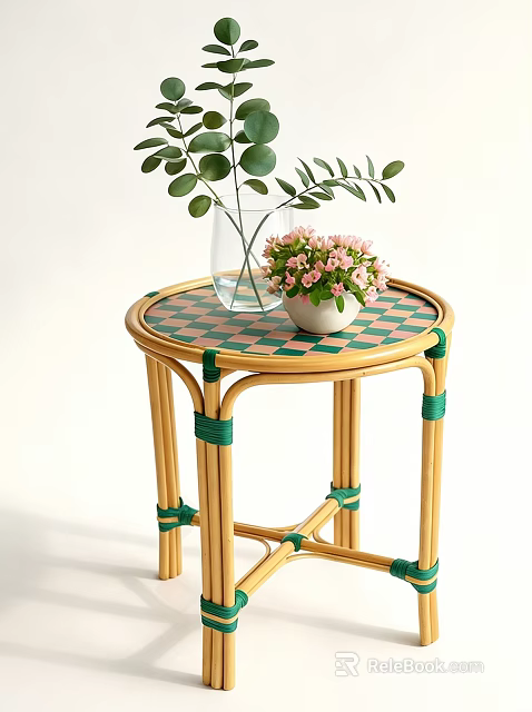 Rattan Side Table With Green Strapped Legs Round Checkered Top And Flowers 3d model 