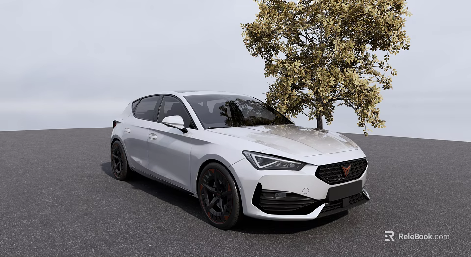 White Sporty Hatchback Car Parked On Gray Asphalt With Black Rims Near Yellow Leaf Tree 3d model 