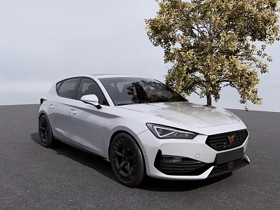 White Sporty Hatchback Car Parked On Gray Asphalt With Black Rims Near Yellow Leaf Tree 3d model