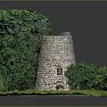 Detailed Miniature Stone Tower Model With Green Trees And Grassy Base