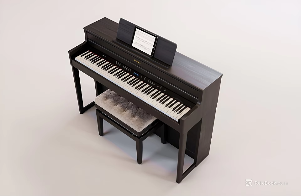 Quality Dark Wooden Piano with Music Stand Sheet Music and Padded Piano Bench 3d model 