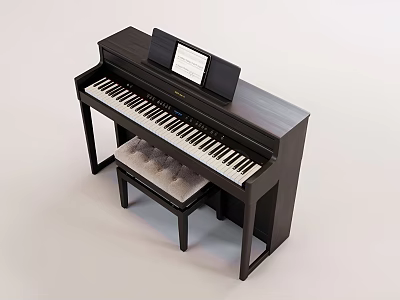 Quality Dark Wooden Piano with Music Stand Sheet Music and Padded Piano Bench 3d model