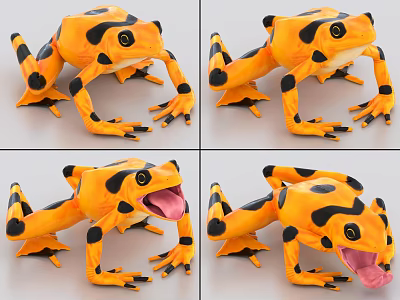 Orange And Black Spotted Reptile Figurine With Open Mouth And Multiple Poses In Four Views 3d model