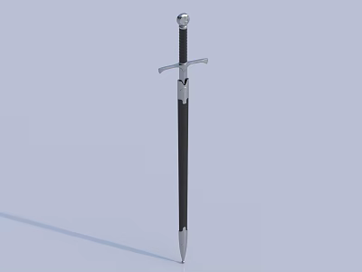 Medieval Long Sword Weapon with Metal Hilt Silver Pommel Sharp Blade and Black Scabbard 3d model