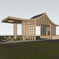 Modern Wooden Pergola With Sloped Roof Open Design Surrounded By Green Trees And Bushes