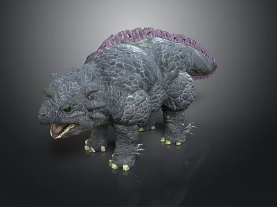 Gray Armored Dinosaur Model With Purple Back Spines Open Mouth And Yellow Claws 3d model