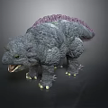 Gray Armored Dinosaur Model With Purple Back Spines Open Mouth And Yellow Claws