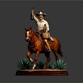 Cowboy Figurine on Horseback Holding Bottle Saddle With Wine Barrel And Green Plants