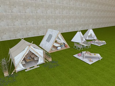 Outdoor Canopy Tent Designs With Different Styles On Green Grass And Stone Wall 3d model