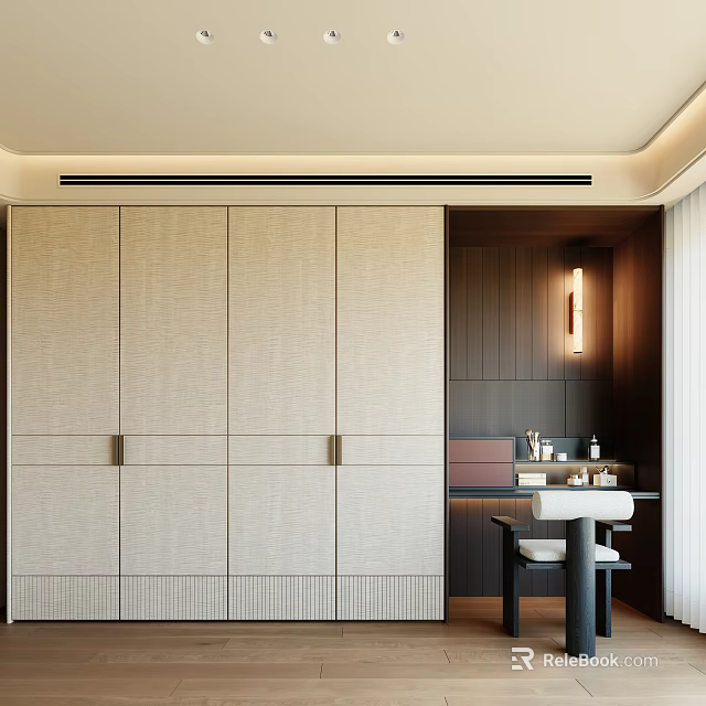 Modern Textured Beige Wardrobe Interior With Brass Handles Wooden Wall And Dressing Table 3d model 