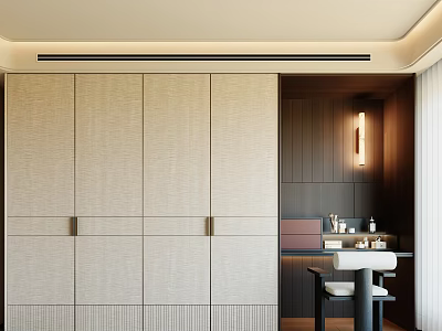 Modern Textured Beige Wardrobe Interior With Brass Handles Wooden Wall And Dressing Table 3d model