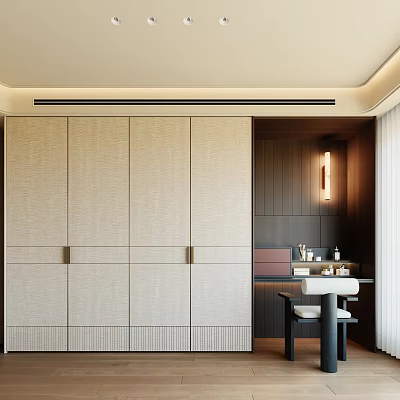 Modern Textured Beige Wardrobe Interior With Brass Handles Wooden Wall And Dressing Table 3d model
