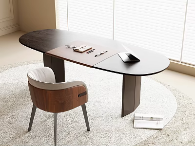 Modern Oval Black Desk With White Brown Chair Open Notebooks And Tablet On White Rug 3d model