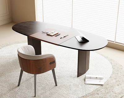 Modern Oval Black Desk With White Brown Chair Open Notebooks And Tablet On White Rug 3d model