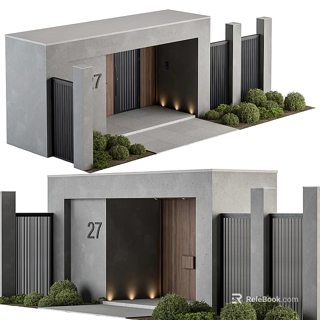 Modern Entrance Gate Design With Wooden Door Gray Walls Green Plants And Fences 3d model 