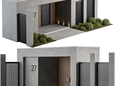 Modern Entrance Gate Design With Wooden Door Gray Walls Green Plants And Fences 3d model